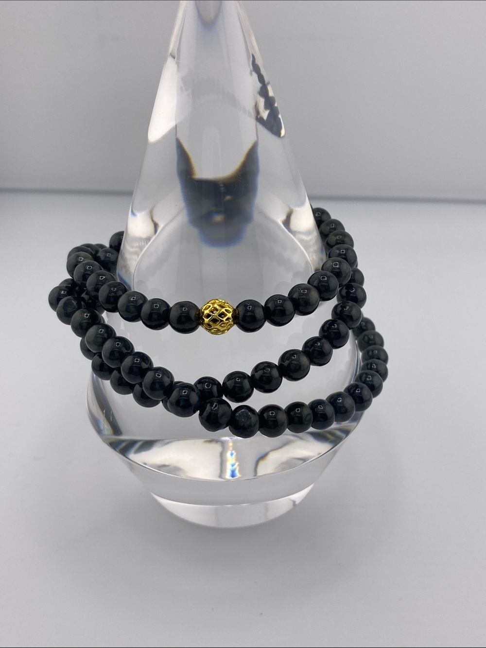 Black Beaded jade Stretch Bracelet with Gold Accent